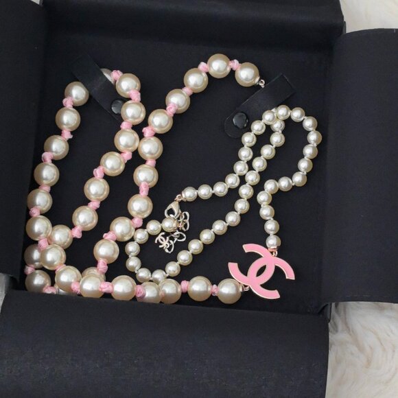CHANEL Long Necklace Metal Glass Imitation Pearls Silk Resin Authentic - Picture 3 of 11